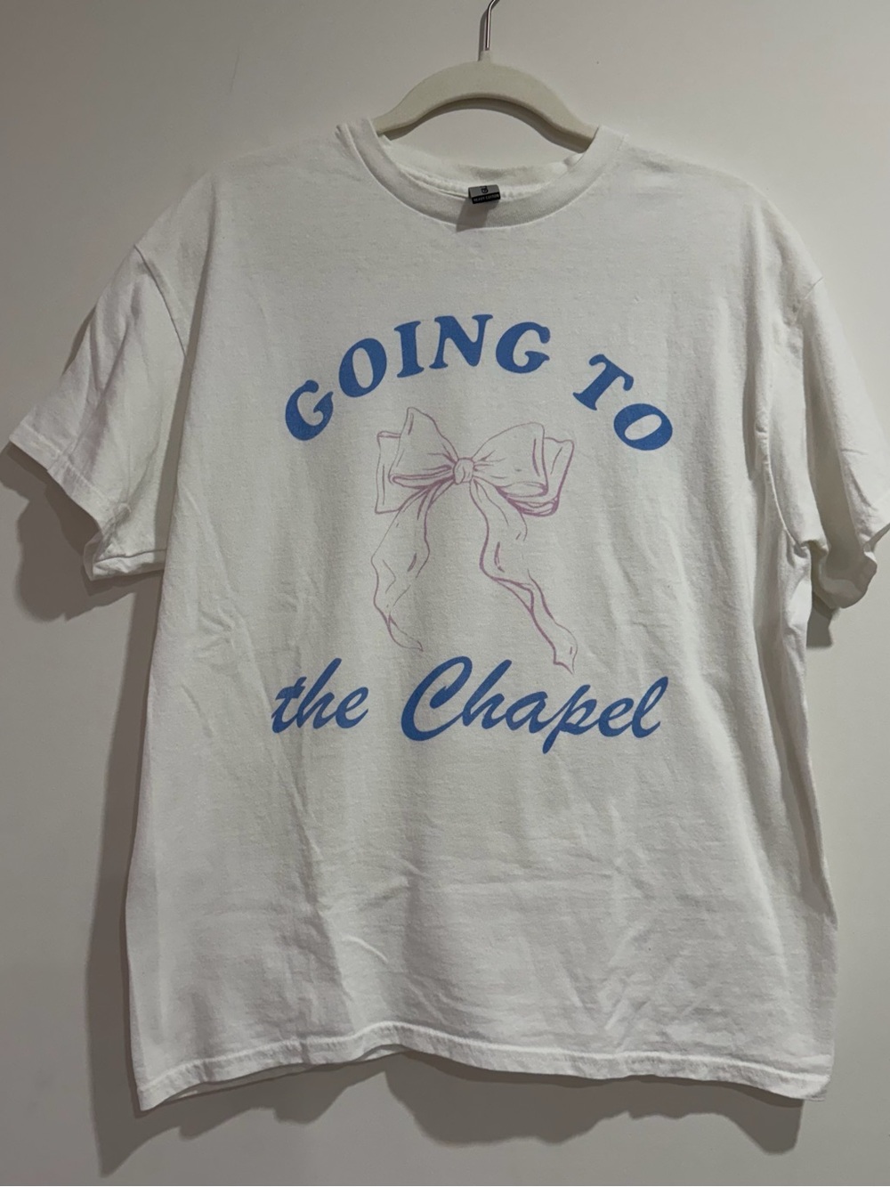 Going To The Chapel Graphic Tee - White with Blue & Light Pink